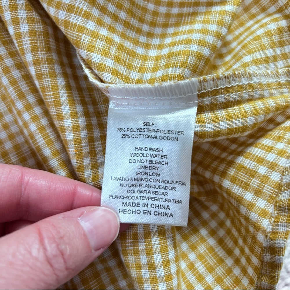 &Merci Mustard Gingham Plaid Babydoll Top Open Tie Back Ruffle Sleeves Small - Picture 4 of 12